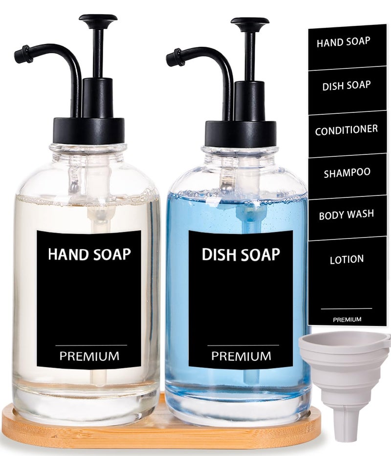 Hoousuper Dish Soap Dispenser for Kitchen, Hand Glass Soap Dispenser Set with Pump, Tray, Funnel for Bathroom, Shower, Laundry, Liquid, Lotion (Black 2 Pack 18 Oz Clear Bottles with 12 Stickers) - Image 1